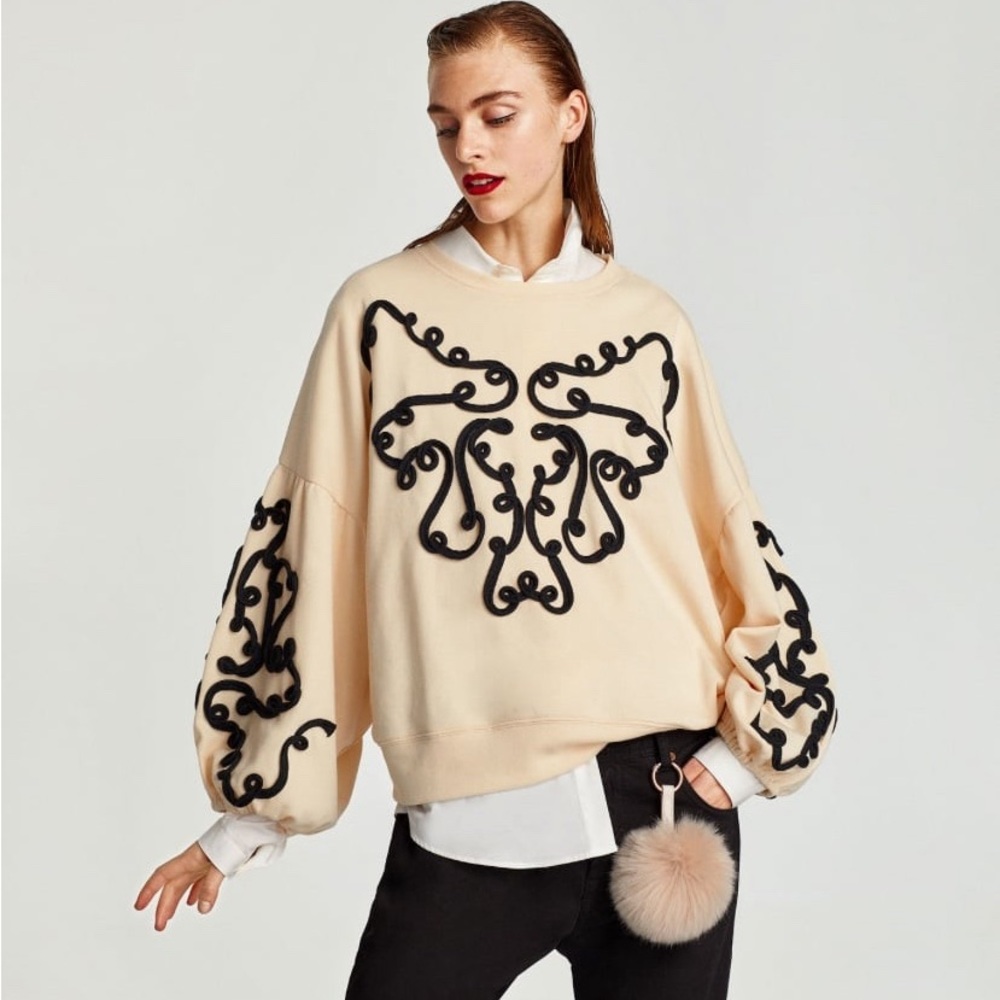 ZARA Statement Cream Sweatshirt Puff Sleeve Embroidered black ribbon women M-28